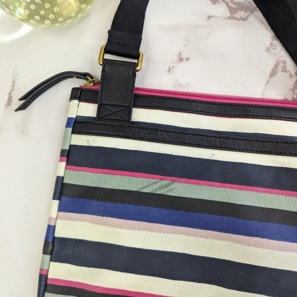 Fossil Eliza Black Multi Stripe Crossbody Messenger Bag Purse Pink Dots Stripes - Picture 5 of 16